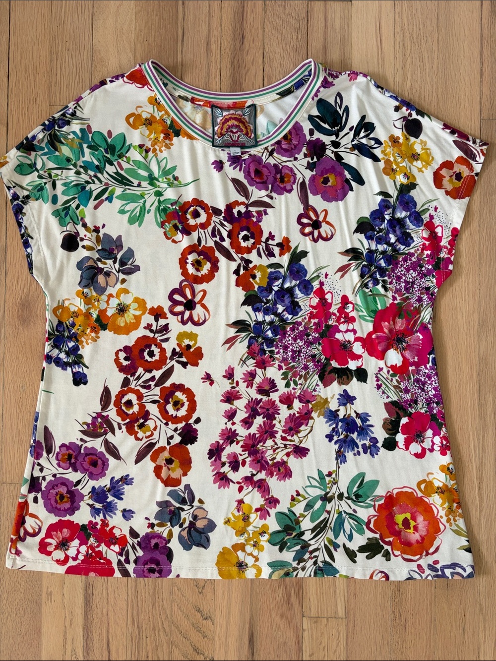 Johnny Was White Short Sleeve Floral Tee with Multicolor Blooms